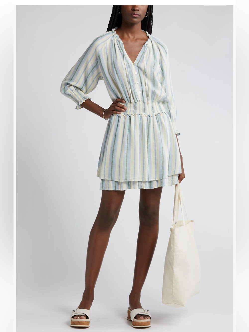 Rails Crystal Linen Blend Smocked Waist Mini Dress in Catania Stripe - Medium